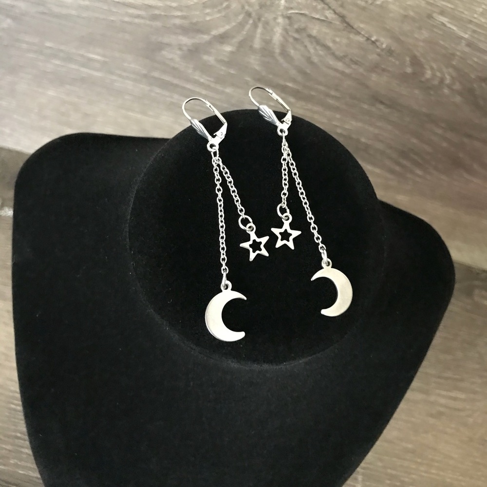 Moon and Star Stainless Steel Dangle Earrings - Picture 2 of 3